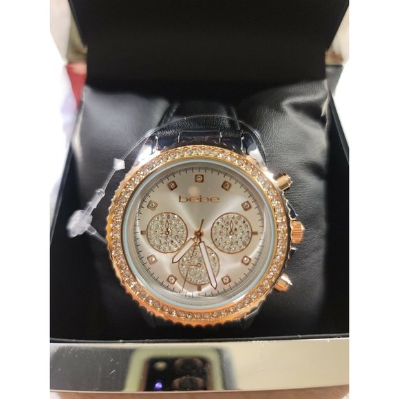 Bebe Womens Stainless Steel Rose Gold Color Bling Watch Black Leather Band
